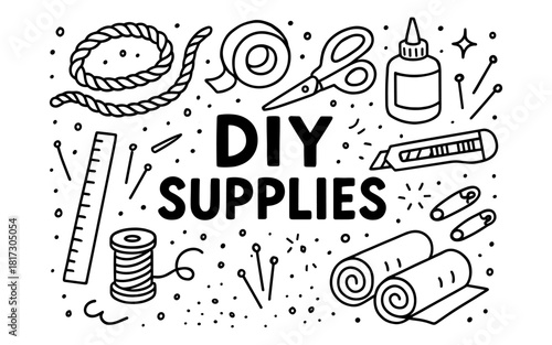 Diy craft supplies doodle with tape, scissors, and glue elements