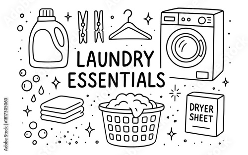 Essential laundry elements in black and white line art design