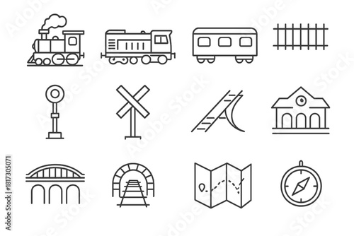 Railroad Icons Collection. Line style icons of Railroads: Steam Engine, Diesel Locomotive, Passenger Car, Track; Signal, Crossing,