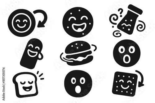 Quirky Food Icons. Solid style icons of quirky food reactions: plate with bounce-back arrow, giggle snack, confused seasoning