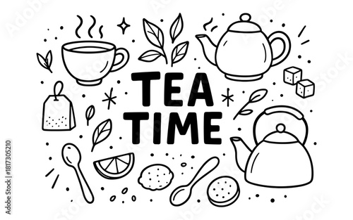 Charming tea time doodles with teapots, cups, and leaves in black and white