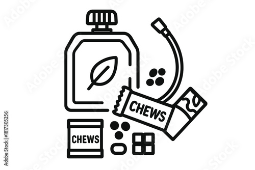 Backpack Snack Icons. Linear minimalistic backpack snacks icon: snack pouch, energy chews, hydration tube, nut bar, dried berries,