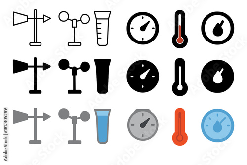 Environmental Instruments Icons. Linear minimalistic environmental instruments icon: wind vane, anemometer, rain gauge, barometer,