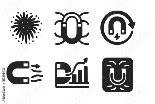 Magnetic Field Icons. Solid style icons of magnetic field interaction concepts: iron filings glyph, force lines icon, pull badge.