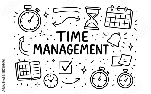 Doodle style time management elements with clock, calendar, checklist, and hourglass icons