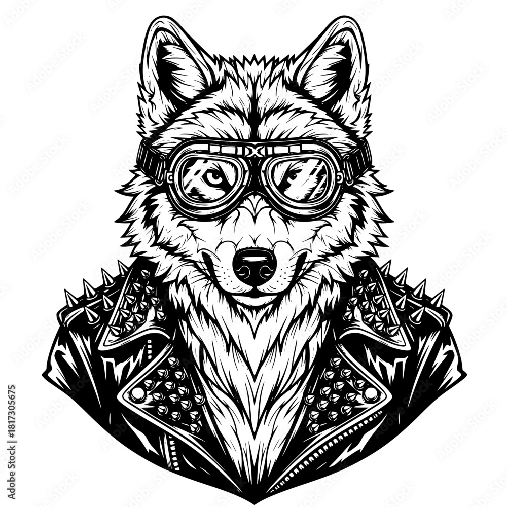 Obraz premium A unique portrayal of a wolf, personified with a biker jacket and goggles, offering a bold statement of rebellion and individuality. vector illustration