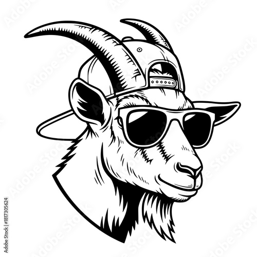 An illustrated cool goat sporting sunglasses and a cap, ready to make a statement, showcasing confidence and style. vector illustration