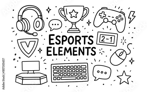 Hand drawn doodle of esports elements with controller and trophy
