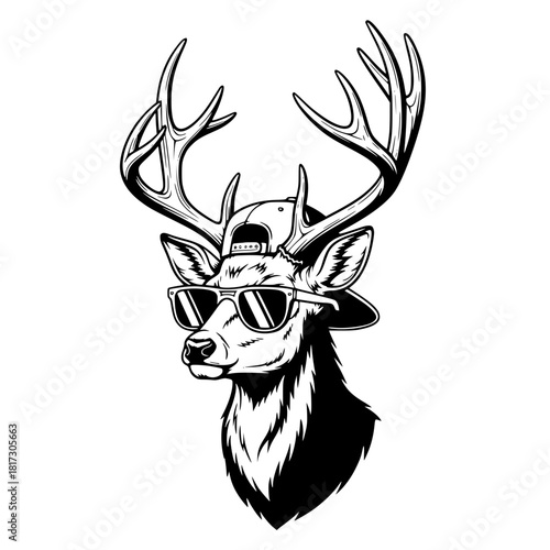 A cool deer with sunglasses and cap, exuding an air of hipness and style. The deer is depicted in a bold, eye-catching illustration. vector illustration