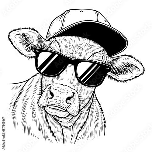 A cool bovine, donning stylish sunglasses and a cap, exudes effortless charm. This sketch art piece embodies a sense of laid-back confidence and playful personality. vector illustration