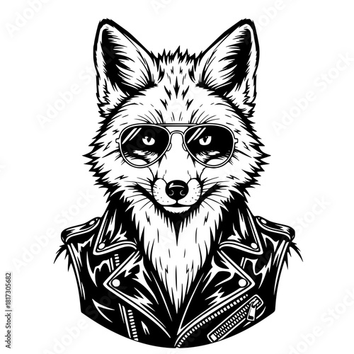 A striking illustration of a fox, embodying an aura of cool and contemporary style. The fox is adorned with sunglasses and a leather jacket. vector illustration