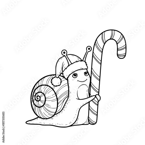 An adorable snail in a Santa hat joyfully embraces a candy cane. This monochrome illustration captures the festive cheer of Christmas with a whimsical touch. vector illustration