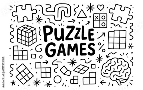Puzzle games doodle art with cubes, brain, and geometric shapes