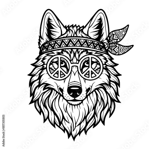 A Wolf Spirit of Peace adorned in a stylish headband and peace sign glasses in black and white illustration. vector illustration