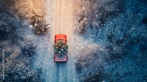 Aerial view of Christmas decorated car carrying Christmas tree on the road in a winter forest covered with snow in snowfall. Concept of Christmas transportation, shipping and delivery.