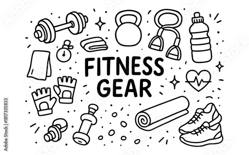 Hand drawn fitness gear collection: iconic workout equipment and accessories