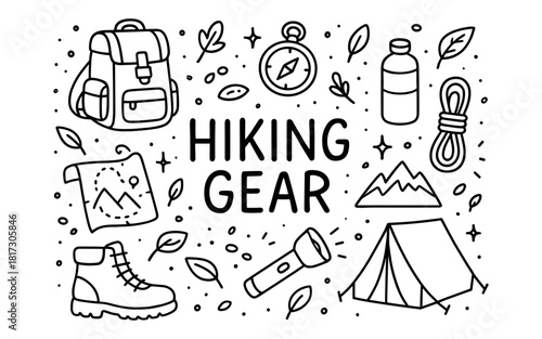 Hiking essentials doodle: camping gear, compass, map, boots, backpack, tent, and more
