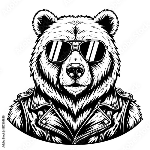 A cool bear embodies a spirit of strength and independence, wearing sunglasses, and a leather jacket.  It's a strong, cool bear.  vector illustration