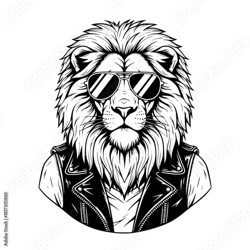 An illustrated portrait of a stylish lion wearing sunglasses and a leather jacket, embodying a cool and confident persona.  vector illustration