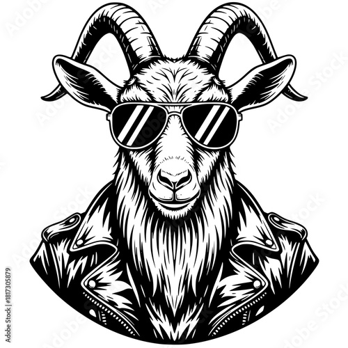 A cool goat wears sunglasses and a leather jacket. This image is a modern take on the classic animal portrait, capturing the essence of bold attitude and edgy style. vector illustration