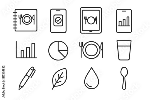 Dietary Tracking Icons. Line style icons of Dietary Tracking: Notebook, App, Tablet, Smartphone; Bar Graph, Pie Chart, Plate,