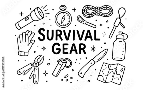 Essential camping survival gear outline with tools and accessories