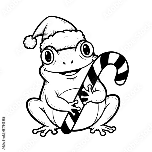A cheerful frog donning a festive Santa hat and clutching a candy cane, evoking the joyful spirit of the season. vector illustration