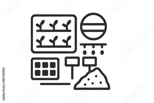 City Farm Iconography. Linear minimalistic city farm layout icon: garden beds, water reservoir, seed trays, plant markers,