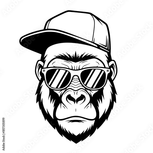 A cool gorilla sports sunglasses and a cap, emanating a vibe of urban coolness and a playful twist on wildlife. vector illustration