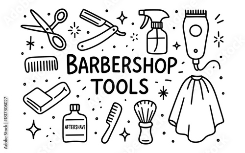Barbershop tools in doodle style with scissors, razor, and comb icons