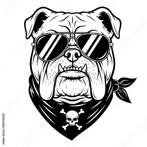An illustration of a tough bulldog, sporting a pair of sunglasses and a bandana with a skull and crossbones, exuding a sense of cool defiance. vector illustration