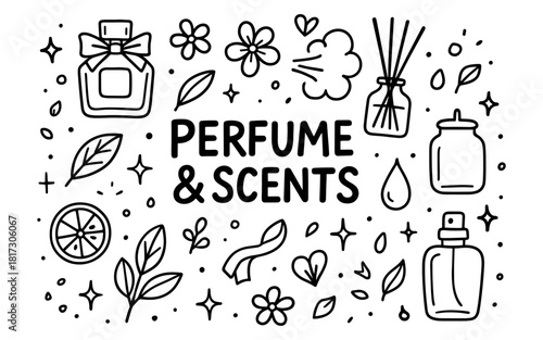 Perfume and scents doodle art with floral and aromatic elements