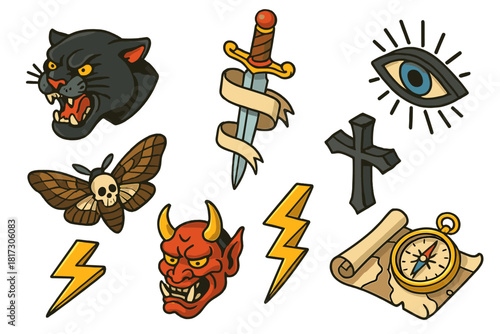 Tattoo Symbolism Icons. Isometric vector illustration set of Tattoo symbolism: panther head, dagger with ribbon, moth with skull