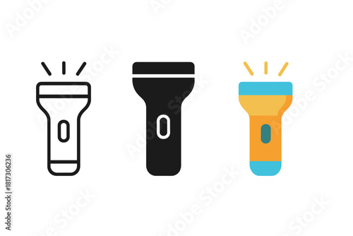 Minimalist Flashlight Icons. Minimalist flashlight icon: three identical flashlights in a row, first in line style with thin