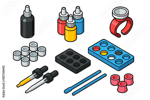 Tattoo Equipment Icons. Isometric vector illustration set Tattoo equipment – black tattoo ink bottle, colored ink bottles, ink cap