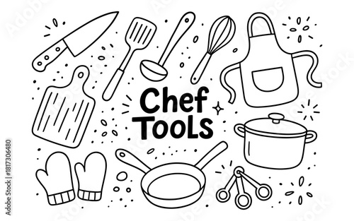 Cooking essentials doodle: outline icons of kitchen tools in black and white