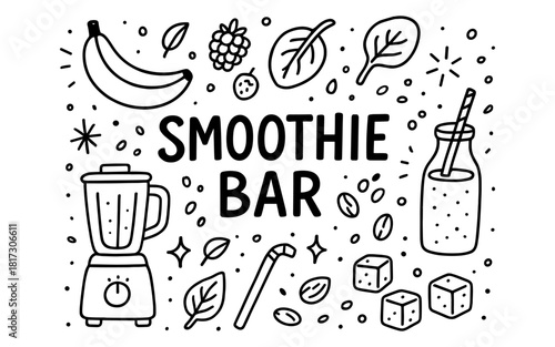 Smoothie bar doodle with fruits and blender in black and white