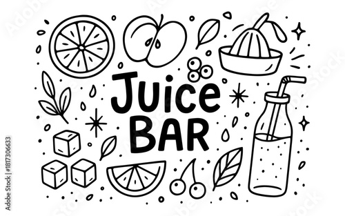 Hand drawn juice bar elements with fruits and bottle design