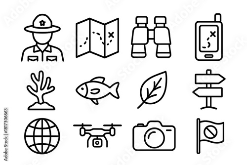 Conservation Icons Set. Line style icons of Conservation Efforts: Ranger, Map, Binoculars, GPS; Coral Sapling, Fish, Leaf,