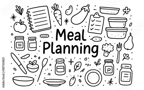 Doodle style meal planning elements with food items and kitchen tools