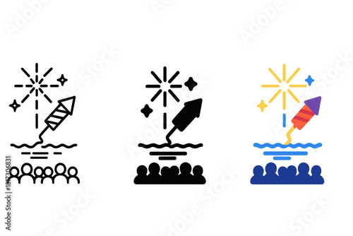 Minimalist Night Fireworks. Linear minimalistic night display icon: fireworks rocket, ascending trail, burst pattern, reflection