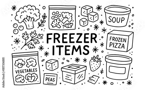 Monochrome doodle of frozen foods and containers with freezer items