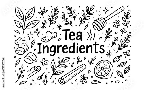 Hand drawn herbal tea ingredients with ginger, lemon, and honey elements