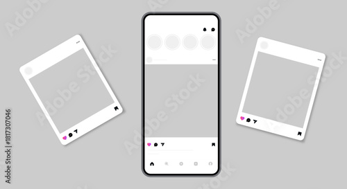 vector post mockup frame. social media carousel post template photos frame,  social network mobile app interface template with notification icons ; like, comment, share icon