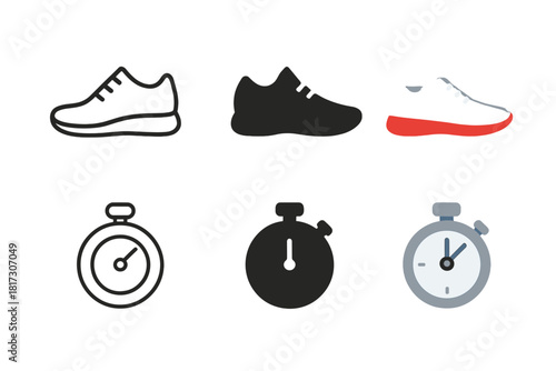 Running Shoes and Stopwatch. Linear minimalistic running shoe icon: sneaker outline with sole, uniform line thickness, no fill,
