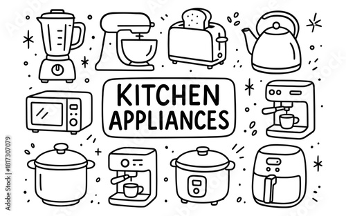 Hand drawn kitchen appliances collection with doodles and icons