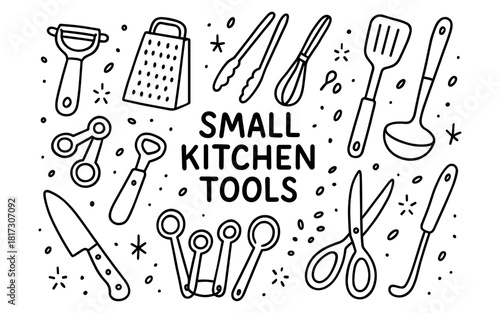 Hand-drawn kitchen utensils collection with cooking tools and gadgets