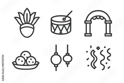 Festive Traditions Icons. Linear minimalistic festive traditions icon: costume headdress, ceremonial drum, snack plate, festival