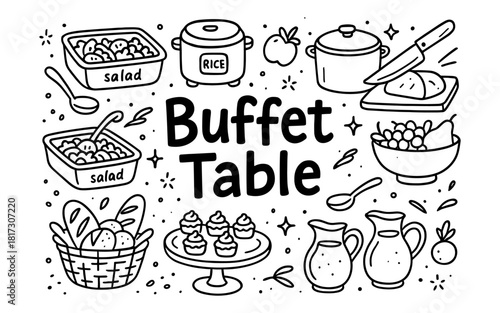 Black and white doodle of buffet table with food and kitchenware