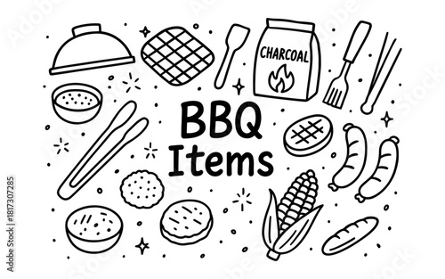 Bbq items doodle set with grill, sausages, and charcoal in black and white